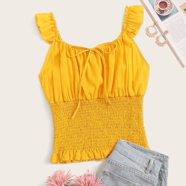 

Tie Neck Shirred Panel Top With Ruffle Strap, Yellow bright