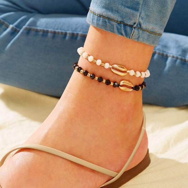 

Bead & Shell Decor Chain Anklet 2pcs