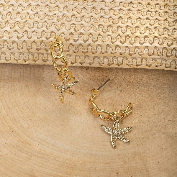 

Starfish Charm Chain Link Half Mini Hoop Earrings, Gold