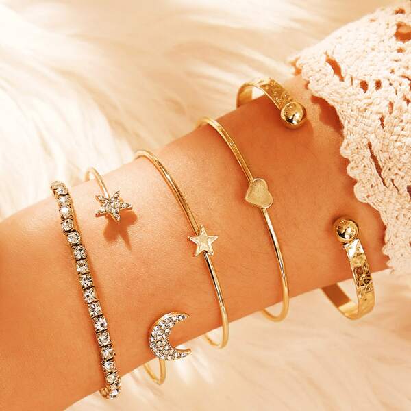 

Rhinestone Engraved Moon & Star Cuff Bracelet 5pcs, Gold