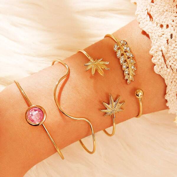 

Leaf & Gemstone Decor Cuff Bracelet 4pcs