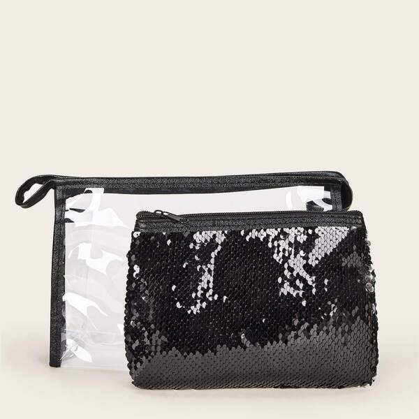 

Sequin Decor Transparent Makeup Bag Set 2pcs, Black