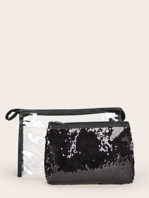 

Sequin Decor Transparent Makeup Bag Set 2pcs, Black