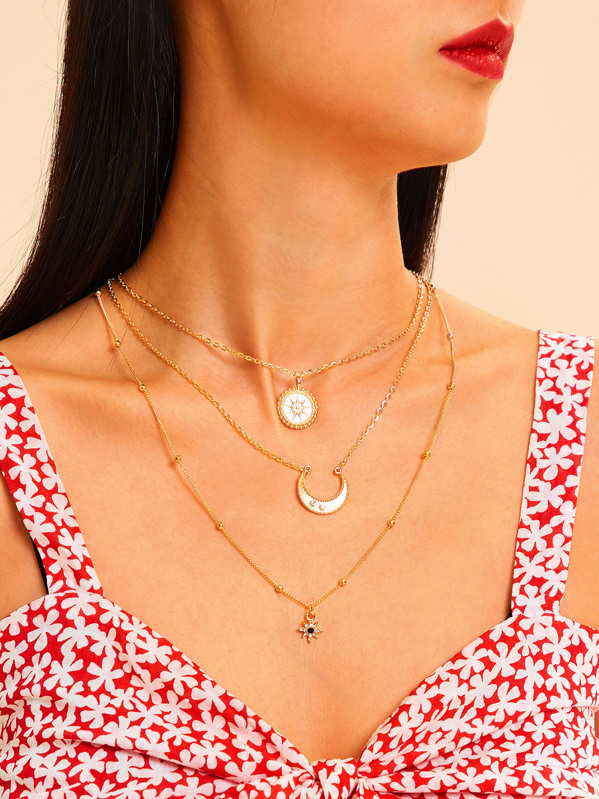 

Moon & Star Charm Layered Chain Necklace 1pc, Gold