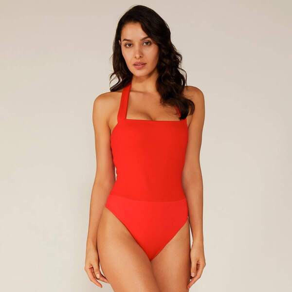 

Double Crazy Solid Halter Zip Back Bodysuit