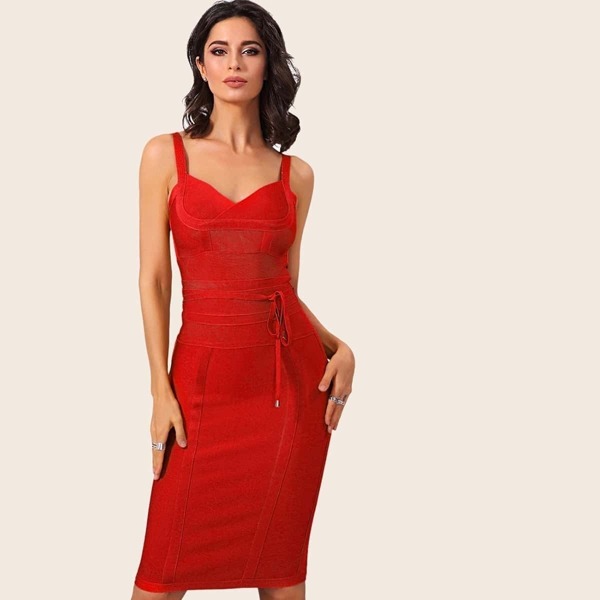 

Adyce Solid Belted Slip Bandage Dress, Red bright