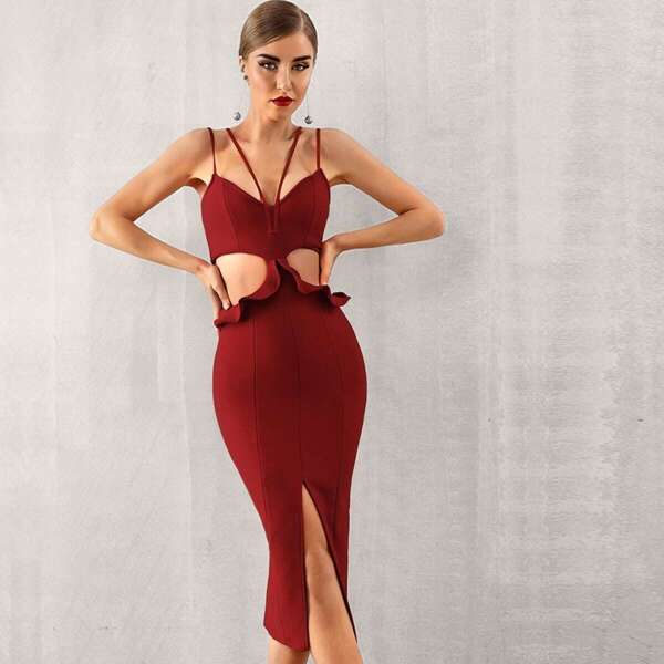 

Ruffle Trim Cut-out Split Hem Slip Dress, Burgundy