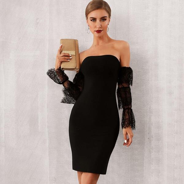 

Adyce Off Shoulder Lace Sleeve Split Hem Bodycon Dress, Black