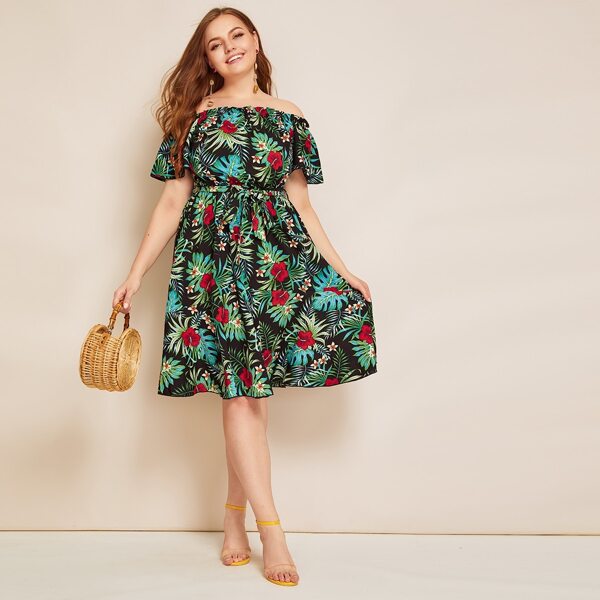 

Plus Off Shoulder Tropical Print Belted Dress, Multicolor