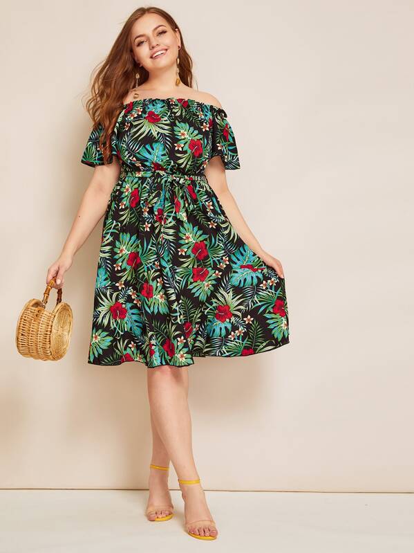

Plus Off Shoulder Tropical Print Belted Dress, Multicolor, Olga B