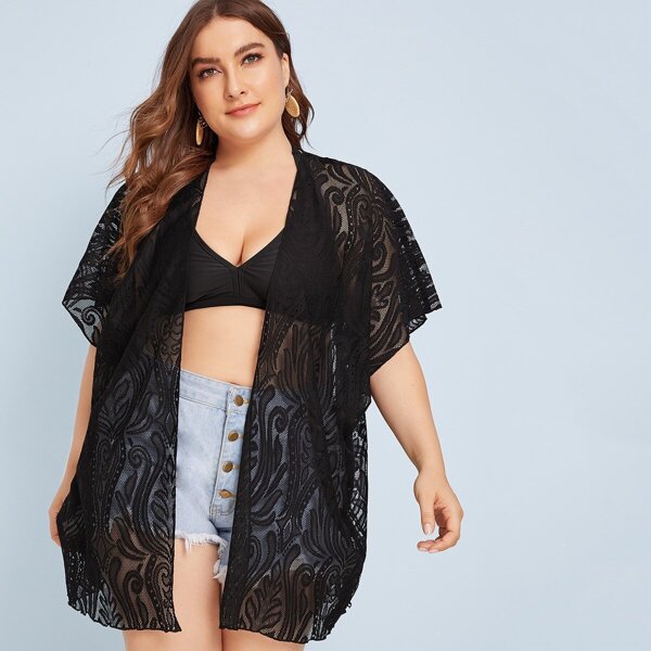 

Plus Solid Embroidered Mesh Sheer Kimono