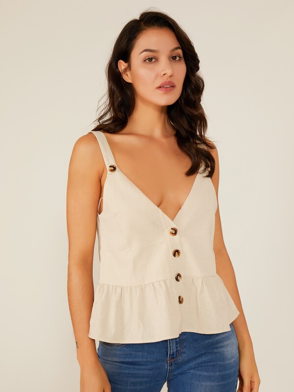 

Double Crazy Ruffle Hem Button Detail Top, Beige