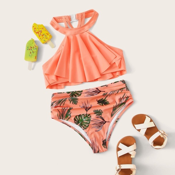 

Toddler Girls Flounce Halter Top With Tropical Bikini Set