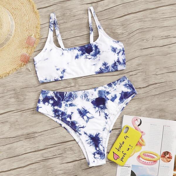 

Tie Dye Top With High Waist Bikini Set, Multicolor
