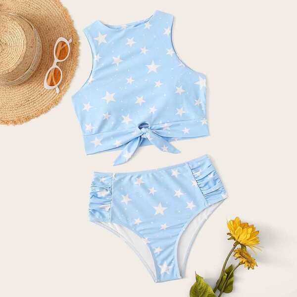 

Star Print Knot Hem With High Waist Bikini Set