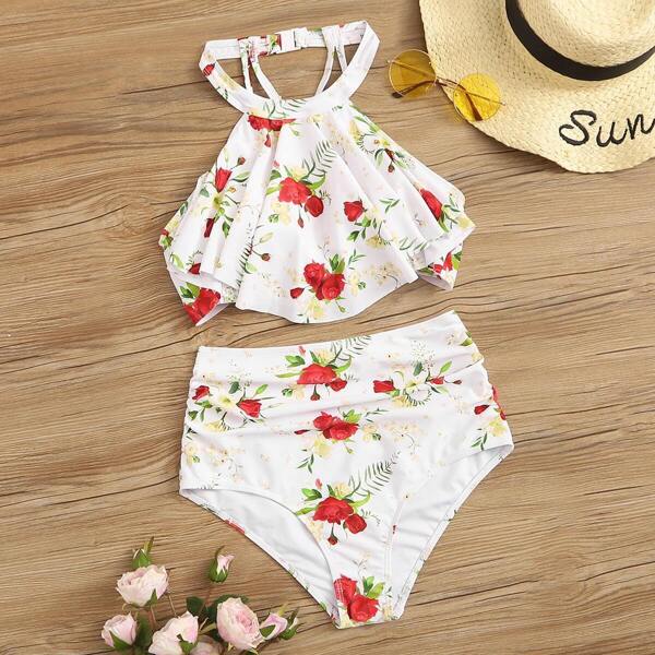 

Floral Hanky Hem Halter Bikini Set