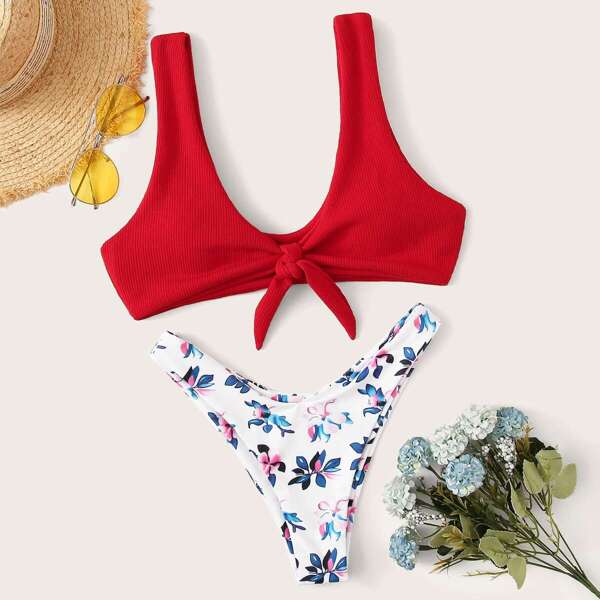 

Knot Font Top With Floral Bikini Set