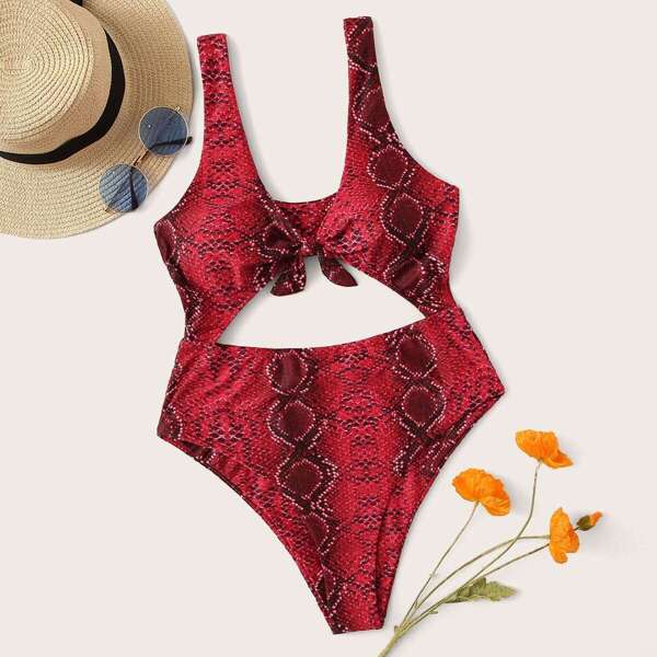 

Snakeskin Knot Cut Out One Piece Swimwear