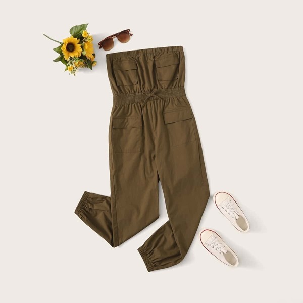 

Girls Knot Front Shirred Waist Pocketed Bandeau Jumpsuit, Army green