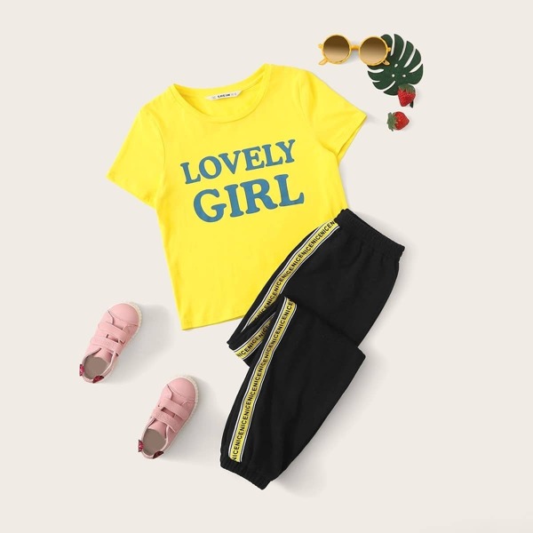 

Girls Slogan Print Top and Side Tape Pants Set
