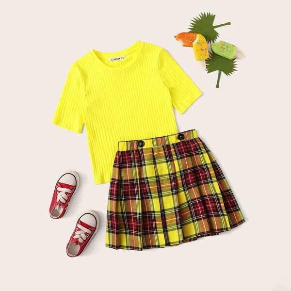 

Girls Rib-knit Top and Tartan Pleated Skirt Set, Multicolor