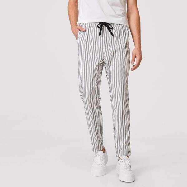 

Men Drawstring Waist Striped Pants, Grey