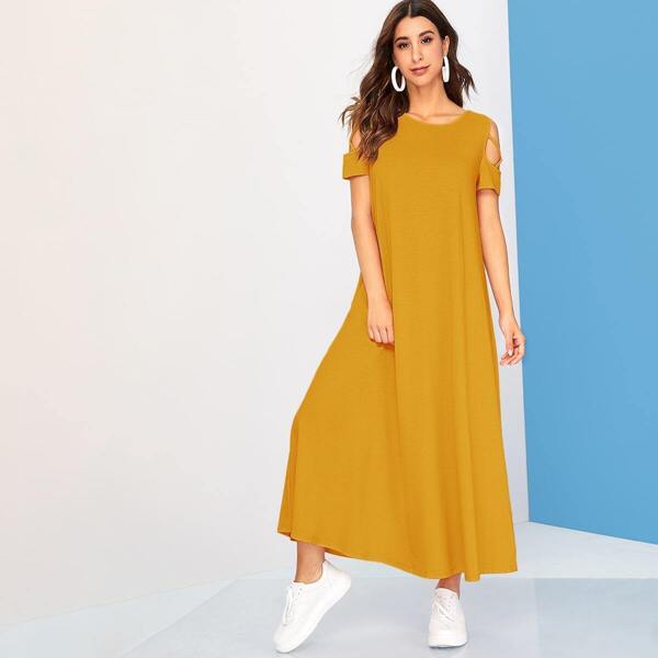 

Cut-out Crisscross Sleeve Tunic Dress, Yellow