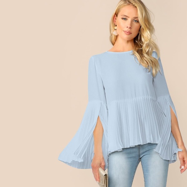 

Split Trumpet Sleeve Pleated Hem Blouse, Blue pastel