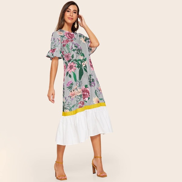 

Striped And Floral Print Trumpet Sleeve Drop Hem Dress, Multicolor