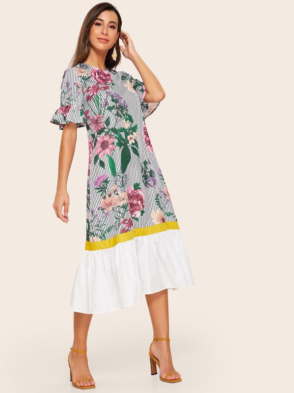 

Striped And Floral Print Trumpet Sleeve Drop Hem Dress, Multicolor, Gabi