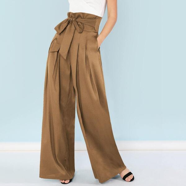 

Wideband Waist Self Belt Wide Leg Pants, Khaki