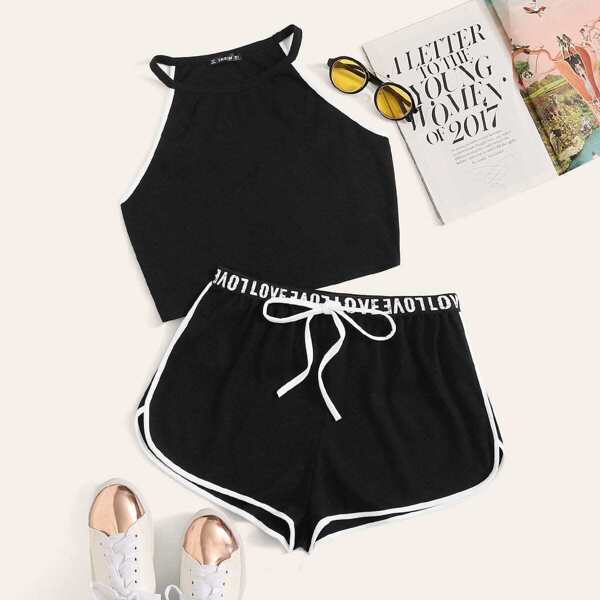 

Halter Top and Drawstring Waist Dolphin Shorts Set