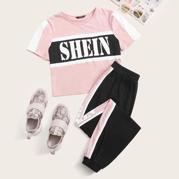 

Letter Print Top and Side Striped Pants Set