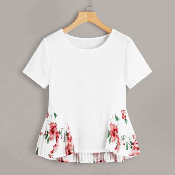 

Contrast Pleated Hem Floral Print Blouse