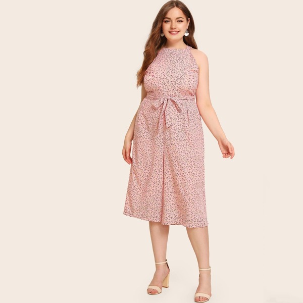 

Plus Ditsy Floral Self Tie Halter Culotte Jumpsuit, Pink