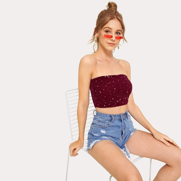 

Star And Moon Print Glitter Bandeau Top