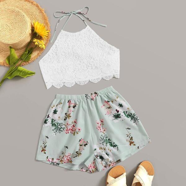 

Guipure Lace Tie Back Scallop Top With Floral Print Shorts, Multicolor