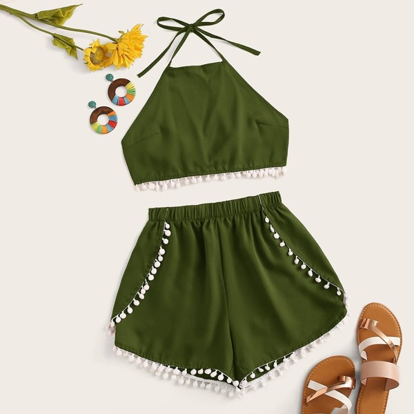 

Pom Pom Trim Halter Top With Shorts