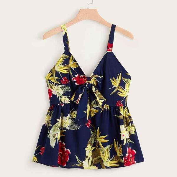 

Plus Large Floral Print Tie Front Peplum Cami Top