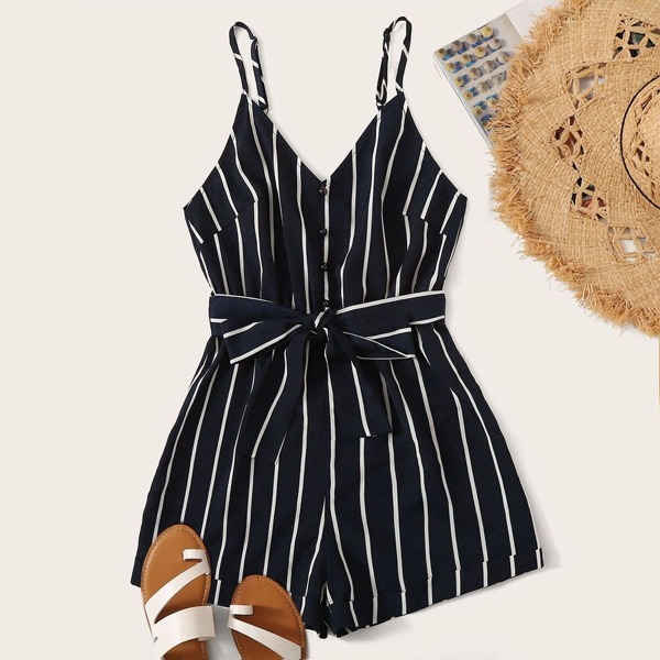 

Button Front Striped Slip Romper With Belt, Navy