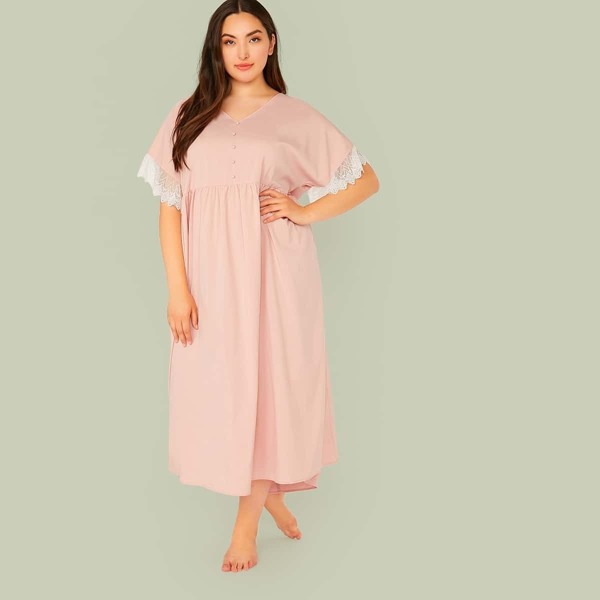 

Plus Button Front Embroidered Mesh Cuff Night Dress