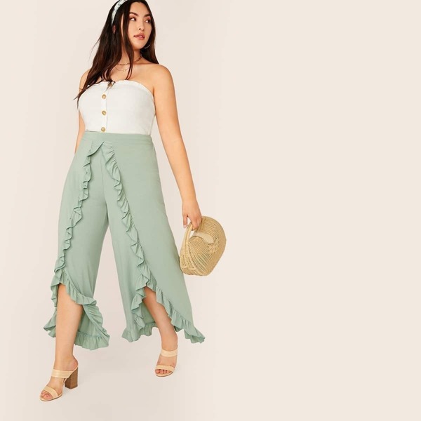 

Plus Ruffle Trim Asymmetrical Hem Wide Leg Pants, Green pastel