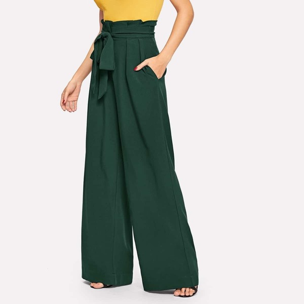 

Paperbag Waist Self Belted Slant Pocket Wide Leg Pants, Green