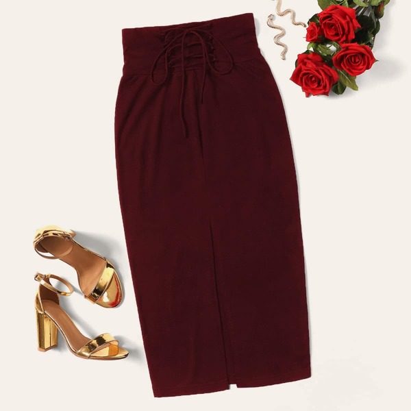 

Lace Up Wide Waistband Split Hem Pencil Skirt, Burgundy
