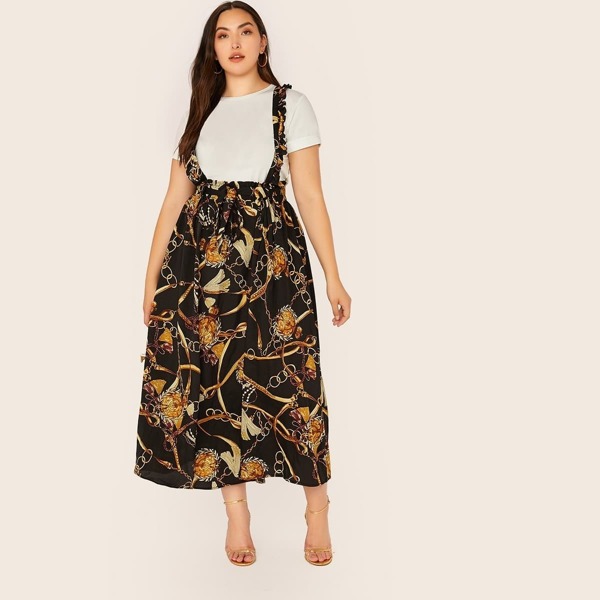 

Plus Chain Print Paperbag Waist Pinafore Skirt, Black