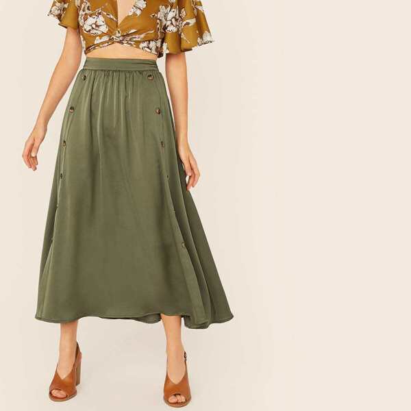

Double Button Flare Skirt, Green