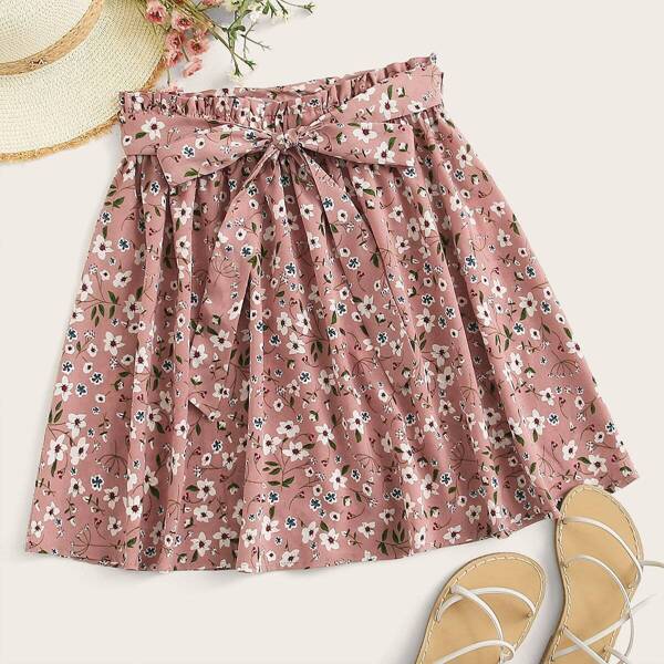 

Plus Ditsy Floral Paperbag Waist Belted Skirt, Pink pastel