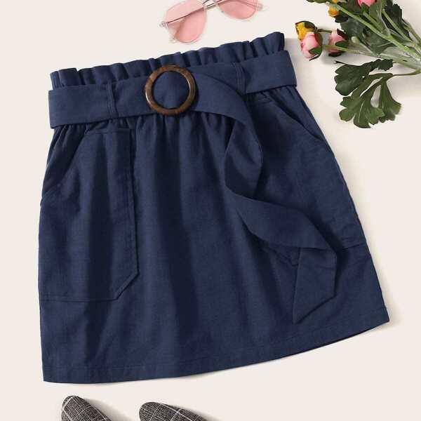 

Paperbag Waist O-ring Belted Skirt, Navy