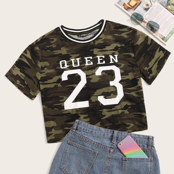 

Contrast Neck Letter Print Camo Print Top