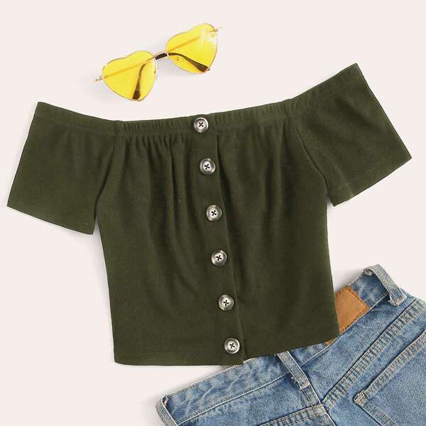 

Off Shoulder Button Front Rib-knit Crop Top, Army green